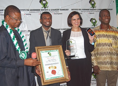 L-R: Professor John Akanya OON, Deputy Chairman-in-Council, Institute for Government Research and Leadership Technology, presenting the Most Innovative Smart Mobile Phone of the Year Award to Nokia representatives; Moses Acquah, Innovation Manager, Nokia Research Center, Nokia West Africa; Tushita Garga, Channel Marketing Manager, Nokia IMEA, and David Anku, Marketing Manager, Nokia Ghana during the African Product Award 2013 held in Lagos.